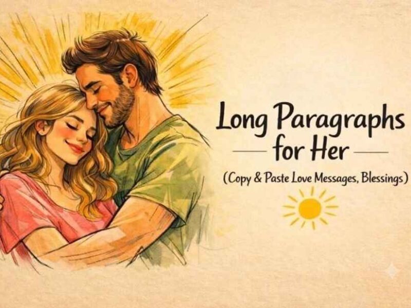 Long paragraphs for her – copy and paste love messages and blessings, illustrated with a watercolor couple embracing warmly in golden sunlight