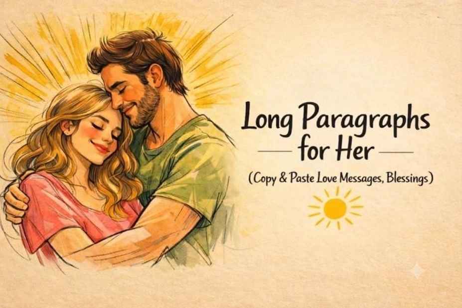 Long paragraphs for her – copy and paste love messages and blessings, illustrated with a watercolor couple embracing warmly in golden sunlight
