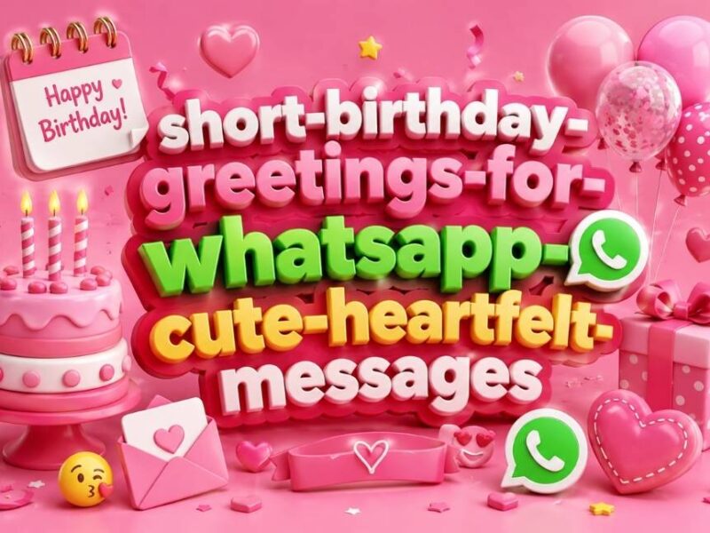 Pink-themed 3D birthday illustration featuring colorful text, birthday cake, balloons, gift boxes, hearts, WhatsApp icons, and festive decorations for short birthday greetings and heartfelt WhatsApp birthday messages.