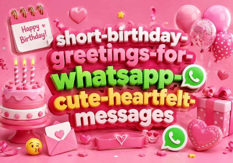 Pink-themed 3D birthday illustration featuring colorful text, birthday cake, balloons, gift boxes, hearts, WhatsApp icons, and festive decorations for short birthday greetings and heartfelt WhatsApp birthday messages.