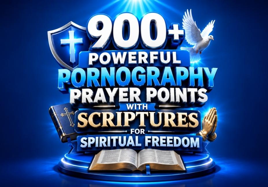 900+ Powerful Pornography Prayer Points with Scriptures for Spiritual Freedom – Blue 3D Christian graphic featuring cross, dove, Bible, prayer hands, and spiritual freedom theme