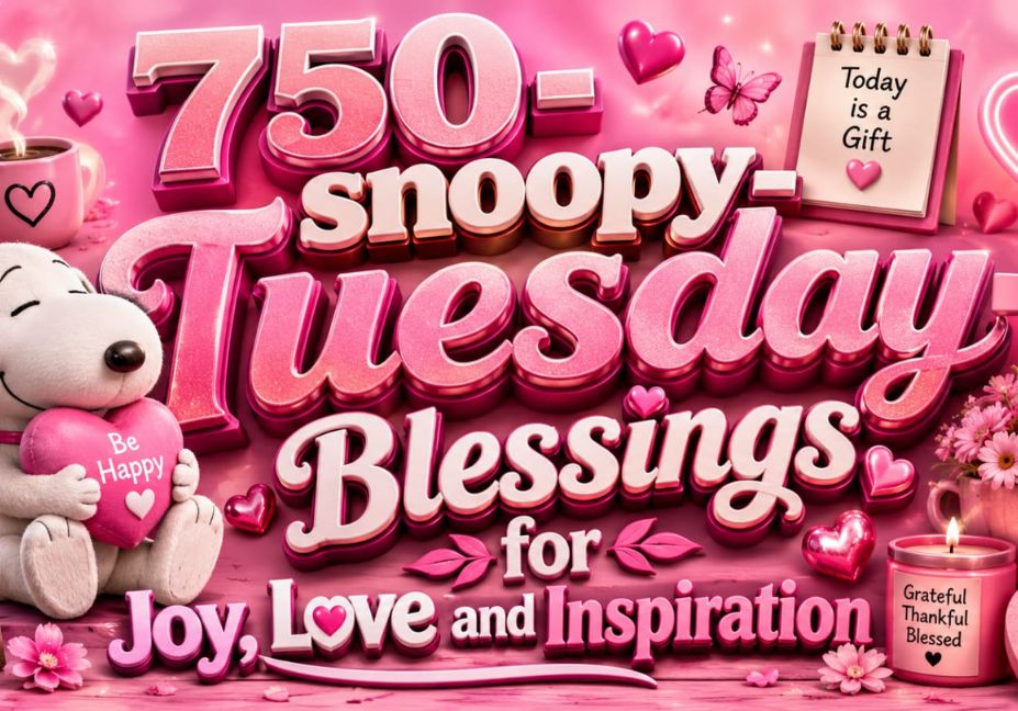 “Pink-themed 3D illustration featuring Snoopy with decorative hearts, flowers, butterflies, candles, faith symbols, and bold text reading ‘750 Snoopy Tuesday Blessings for Joy, Love and Inspiration’ in a cheerful 16:9 design.”