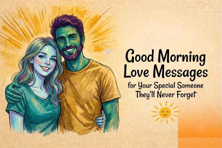 Good Morning Love Messages for Your Special Someone They'll Never Forget – smiling couple with a warm sunrise background and cheerful sun icon
