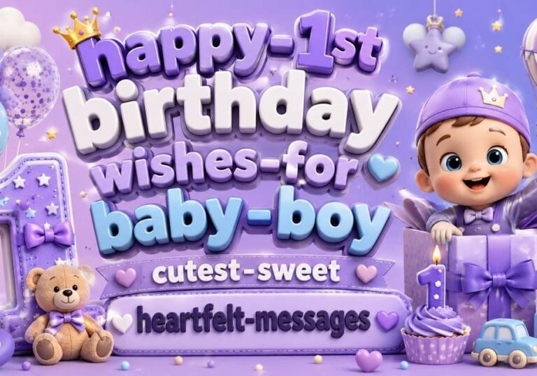 Cute lilac-themed 3D illustration for Happy 1st Birthday Wishes for Baby Boy featuring adorable baby boy character, balloons, teddy bear, toy car, cupcake, gift box, and colorful 3D typography in a festive birthday celebration design.