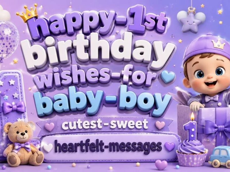 Cute lilac-themed 3D illustration for Happy 1st Birthday Wishes for Baby Boy featuring adorable baby boy character, balloons, teddy bear, toy car, cupcake, gift box, and colorful 3D typography in a festive birthday celebration design.