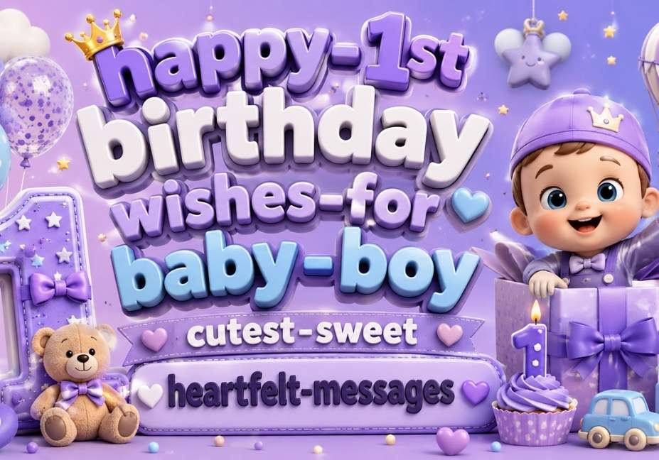 Cute lilac-themed 3D illustration for Happy 1st Birthday Wishes for Baby Boy featuring adorable baby boy character, balloons, teddy bear, toy car, cupcake, gift box, and colorful 3D typography in a festive birthday celebration design.