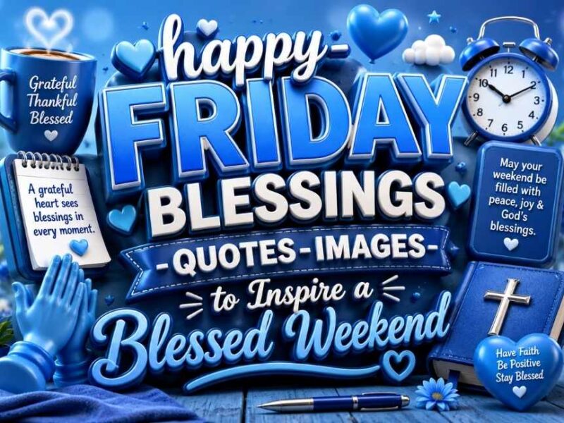 Happy Friday Blessings Quotes Images to Inspire a Blessed Weekend – beautiful blue-themed 3D typography design featuring inspirational blessings, faith symbols, hearts, coffee cup, Bible, prayer icons, and uplifting weekend quotes in a vibrant 16:9 banner layout.