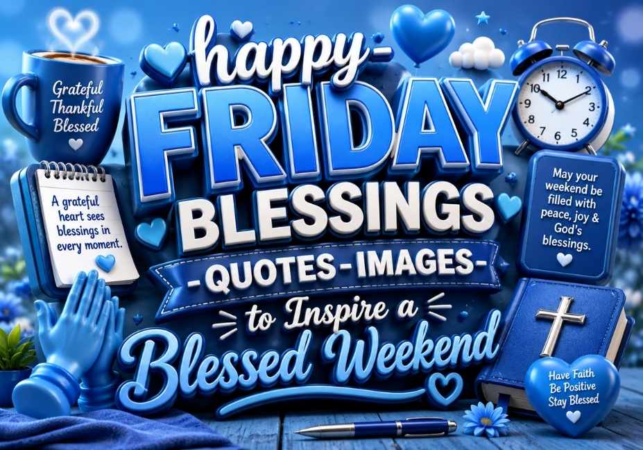 Happy Friday Blessings Quotes Images to Inspire a Blessed Weekend – beautiful blue-themed 3D typography design featuring inspirational blessings, faith symbols, hearts, coffee cup, Bible, prayer icons, and uplifting weekend quotes in a vibrant 16:9 banner layout.