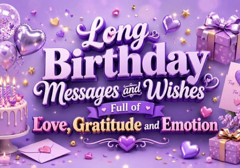 "Lilac themed 3D birthday banner featuring Long Birthday Messages and Wishes Full of Love, Gratitude and Emotion with birthday cake, balloons, gift boxes, hearts, flowers, and celebratory decorations."
