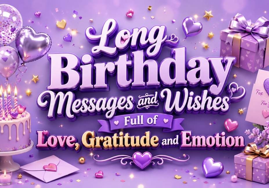 "Lilac themed 3D birthday banner featuring Long Birthday Messages and Wishes Full of Love, Gratitude and Emotion with birthday cake, balloons, gift boxes, hearts, flowers, and celebratory decorations."