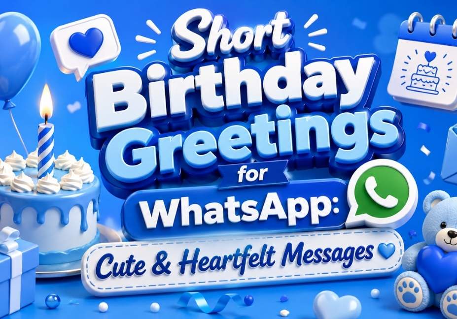 "Blue-themed 3D illustration featuring short birthday greetings for WhatsApp with birthday cake, gift box, heart icons, teddy bear, WhatsApp symbol, and cute heartfelt message elements in a festive design."