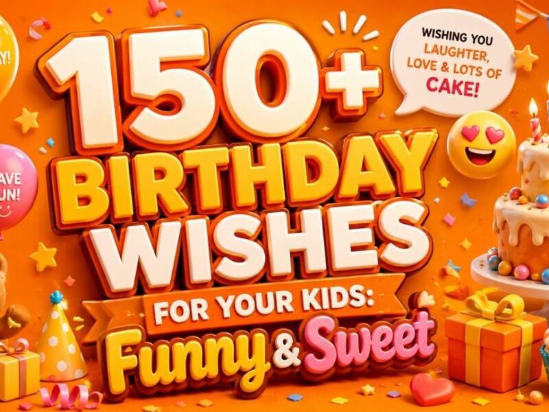 Orange 3D illustration for Birthday Wishes for Your Kids: Funny & Sweet featuring birthday cake, balloons, teddy bear, gifts, cupcakes, confetti, and colorful 3D typography in a festive 16:9 layout.