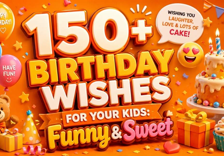 Orange 3D illustration for Birthday Wishes for Your Kids: Funny & Sweet featuring birthday cake, balloons, teddy bear, gifts, cupcakes, confetti, and colorful 3D typography in a festive 16:9 layout.