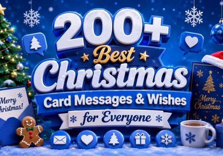 200+ Best Christmas Card Messages & Wishes for Everyone – Blue-themed 3D Christmas illustration featuring festive typography, greeting cards, Christmas tree, ornaments, Santa hat, gift box, snowflakes, and holiday icons in a vibrant 16:9 banner design.