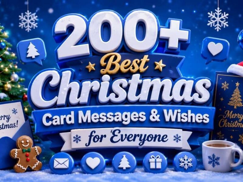 200+ Best Christmas Card Messages & Wishes for Everyone – Blue-themed 3D Christmas illustration featuring festive typography, greeting cards, Christmas tree, ornaments, Santa hat, gift box, snowflakes, and holiday icons in a vibrant 16:9 banner design.