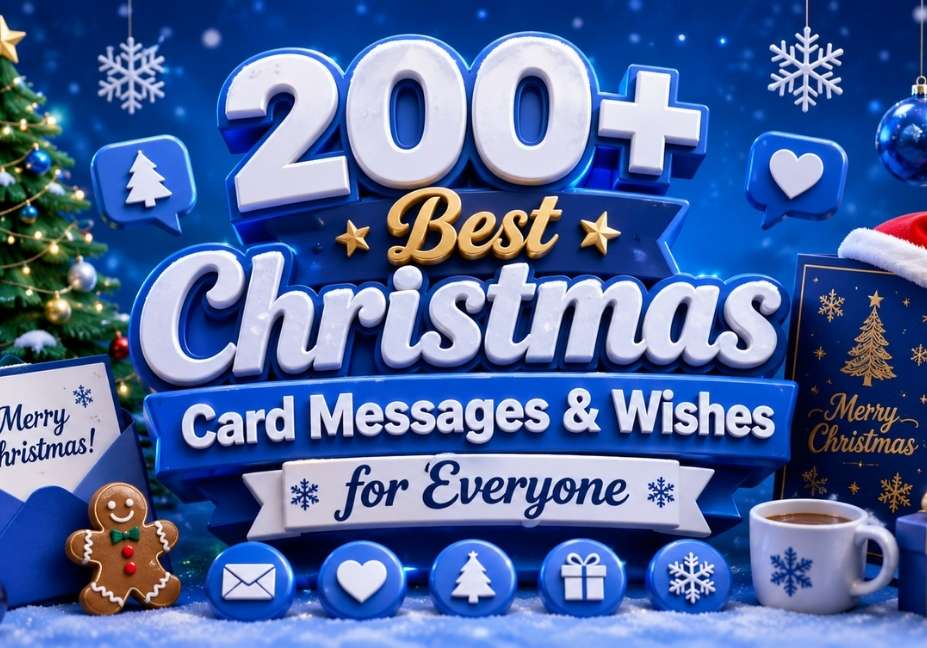 200+ Best Christmas Card Messages & Wishes for Everyone – Blue-themed 3D Christmas illustration featuring festive typography, greeting cards, Christmas tree, ornaments, Santa hat, gift box, snowflakes, and holiday icons in a vibrant 16:9 banner design.