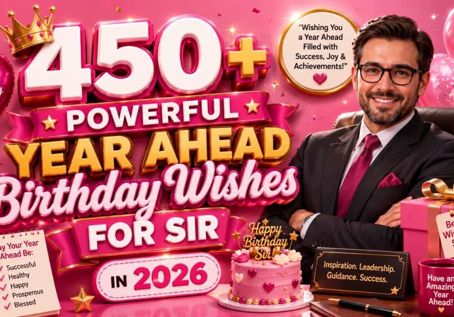 Pink 3D illustration for Powerful Year Ahead Birthday Wishes for Sir in 2026 featuring a professional gentleman, birthday cake, gift box, balloons, leadership icons, and festive typography in a 16:9 design.