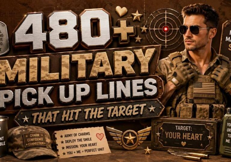 Brown 3D illustration for Military Pick Up Lines That Hit the Target featuring a soldier, dog tags, military gear, target icon, tactical radio, camouflage elements, and bold 3D typography in a 16:9 layout.