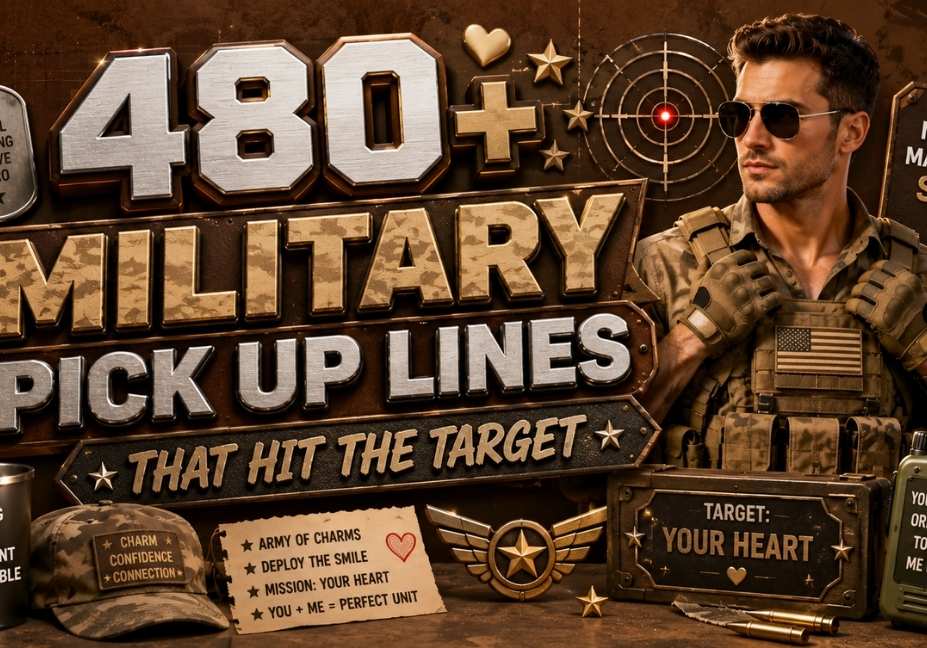 Brown 3D illustration for Military Pick Up Lines That Hit the Target featuring a soldier, dog tags, military gear, target icon, tactical radio, camouflage elements, and bold 3D typography in a 16:9 layout.