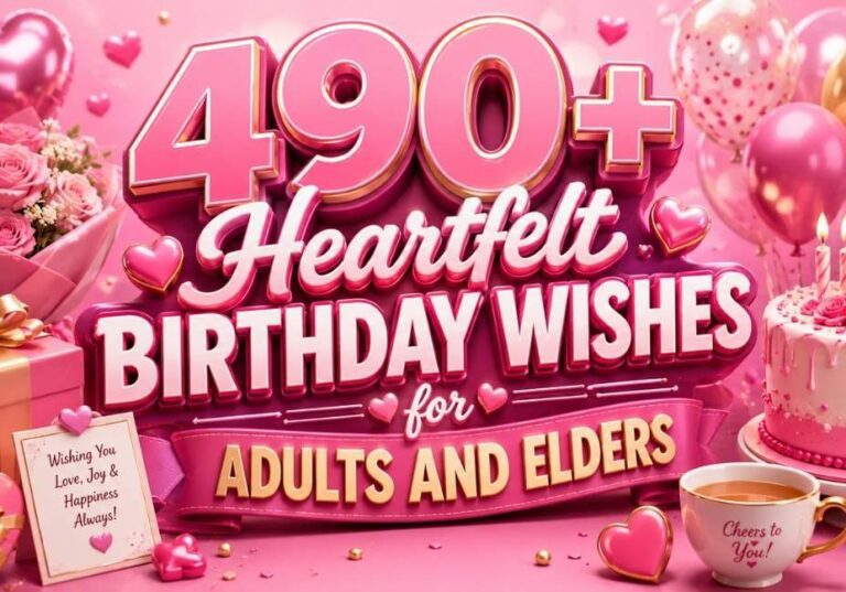 Pink 3D illustration for Heartfelt Birthday Wishes for Adults and Elders featuring birthday cake, balloons, roses, gift boxes, heart icons, coffee cup, and elegant 3D typography in a festive 16:9 layout.