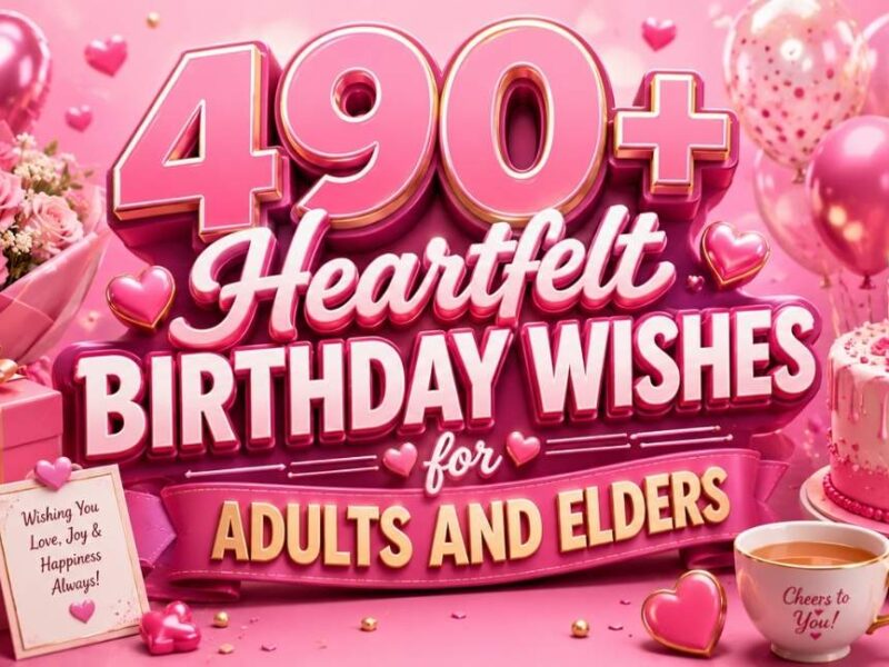 Pink 3D illustration for Heartfelt Birthday Wishes for Adults and Elders featuring birthday cake, balloons, roses, gift boxes, heart icons, coffee cup, and elegant 3D typography in a festive 16:9 layout.