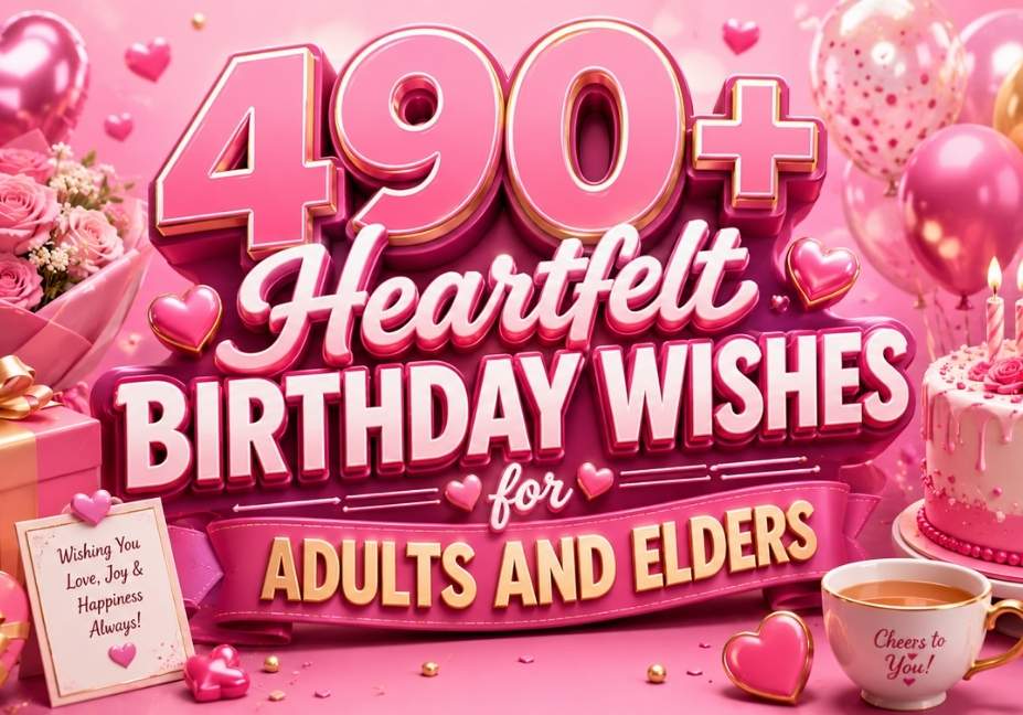 Pink 3D illustration for Heartfelt Birthday Wishes for Adults and Elders featuring birthday cake, balloons, roses, gift boxes, heart icons, coffee cup, and elegant 3D typography in a festive 16:9 layout.