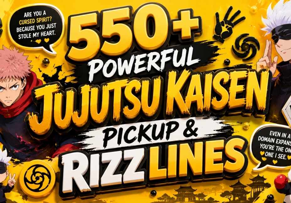 Yellow 3D illustration for Jujutsu Kaisen Pickup & Rizz Lines featuring anime-inspired characters, speech bubbles, hearts, cursed symbols, bold 3D typography, and vibrant manga-style elements in a 16:9 layout.