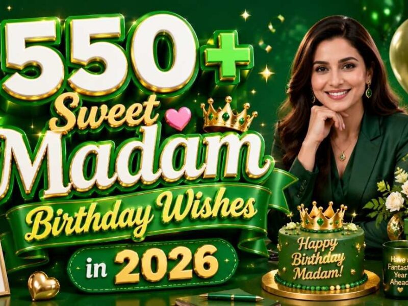 Green 3D illustration for Sweet Madam Birthday Wishes in 2026 featuring an elegant woman, birthday cake, balloons, flowers, gift box, crowns, and festive birthday typography in a 16:9 layout.