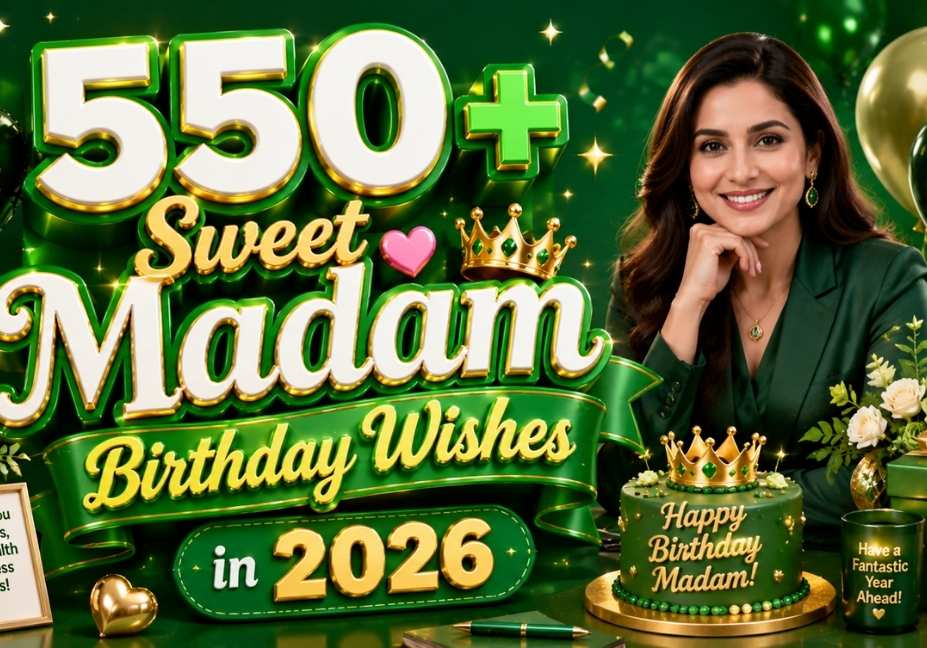 Green 3D illustration for Sweet Madam Birthday Wishes in 2026 featuring an elegant woman, birthday cake, balloons, flowers, gift box, crowns, and festive birthday typography in a 16:9 layout.
