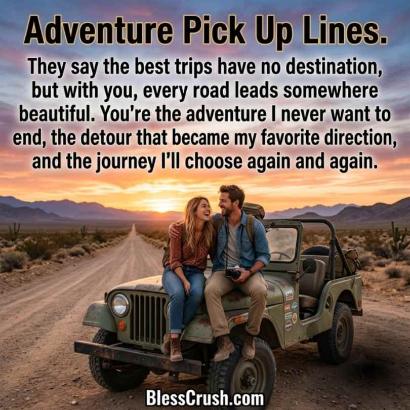 Adventure Pick Up Lines - couple laughing on jeep along desert sunset road
