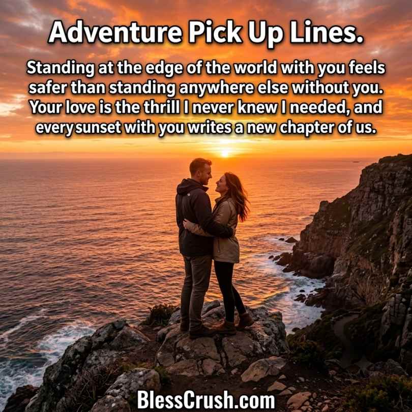 Adventure Pick Up Lines - couple embracing at cliff edge during ocean sunset
