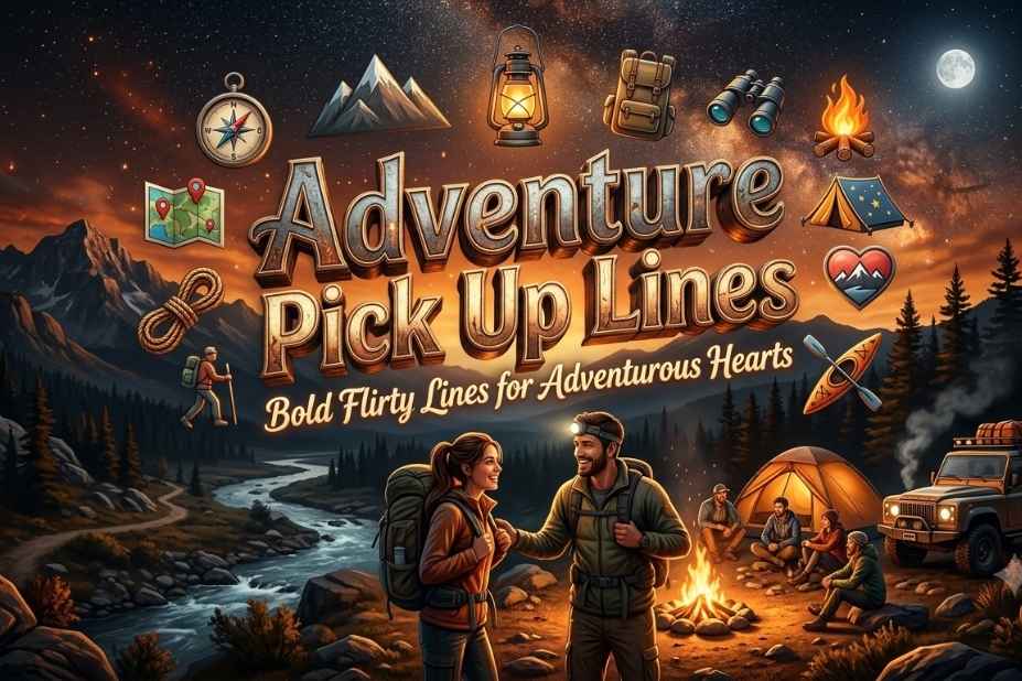 Adventure Pick Up Lines - bold flirty lines for adventurous hearts with hiking couple and campfire