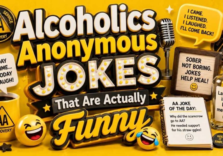 Yellow 3D illustration for Alcoholics Anonymous Jokes That Are Actually Funny featuring comedy icons, microphone, smiley emojis, speech bubbles, recovery-themed symbols, and bold 3D typography in a 16:9 layout.