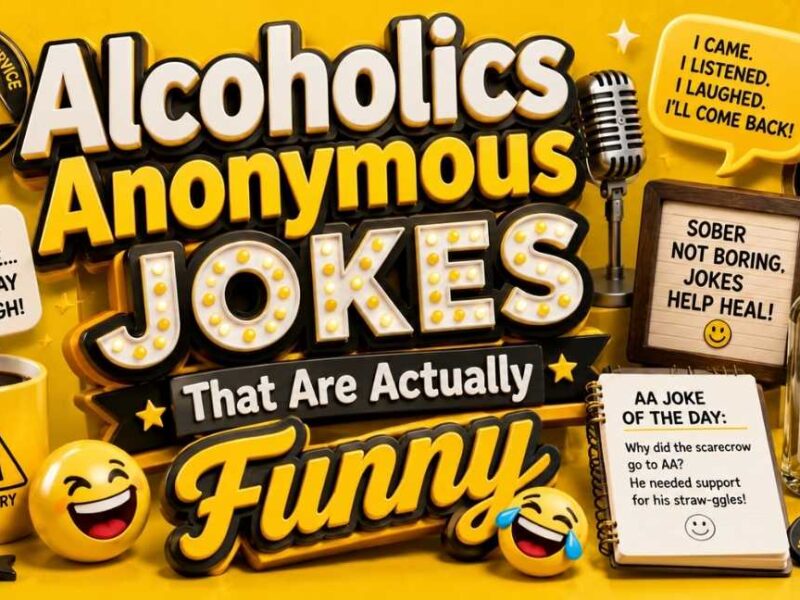 Yellow 3D illustration for Alcoholics Anonymous Jokes That Are Actually Funny featuring comedy icons, microphone, smiley emojis, speech bubbles, recovery-themed symbols, and bold 3D typography in a 16:9 layout.