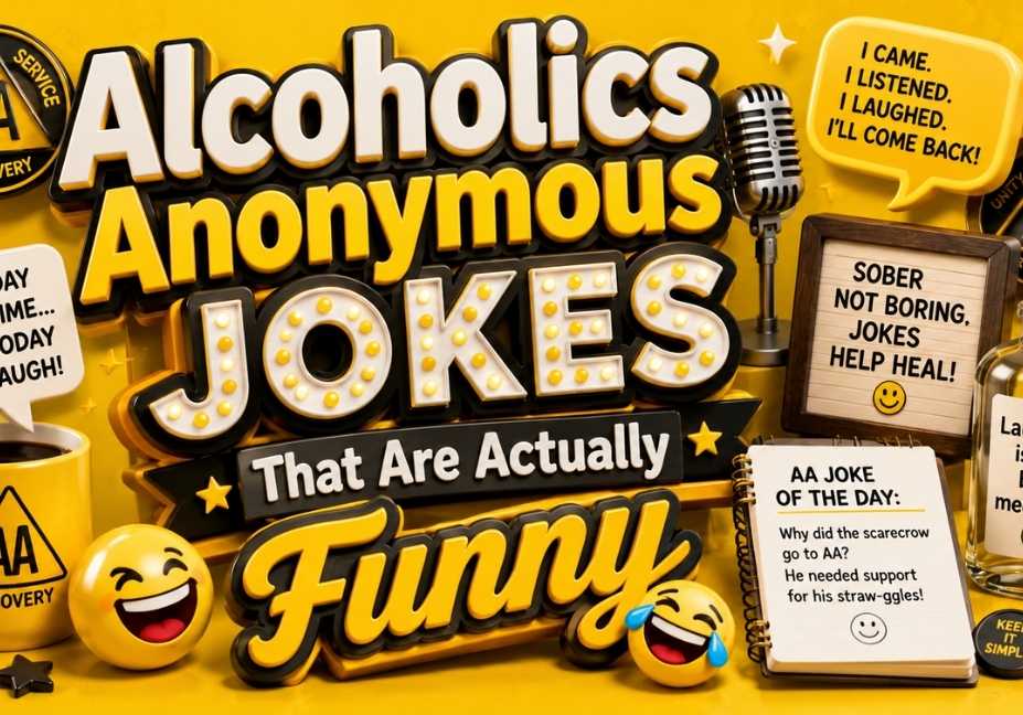 Yellow 3D illustration for Alcoholics Anonymous Jokes That Are Actually Funny featuring comedy icons, microphone, smiley emojis, speech bubbles, recovery-themed symbols, and bold 3D typography in a 16:9 layout.