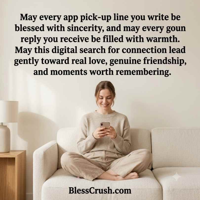 Woman sitting cross-legged on couch smiling at phone — sincere app pick up lines blessing
