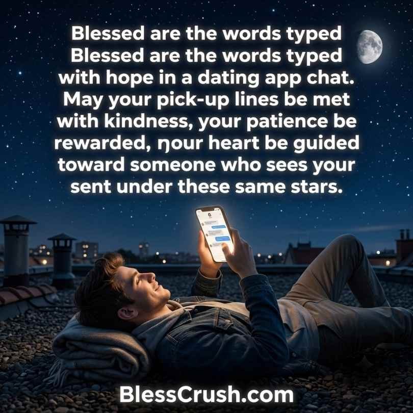 Man relaxing on rooftop under stars texting — app pick up lines blessing at night