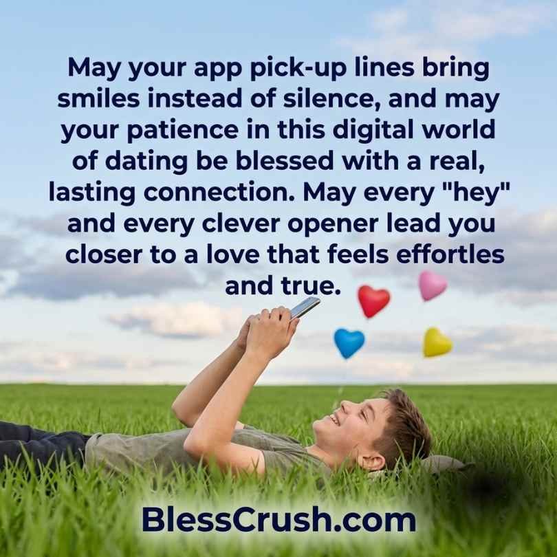 Man lying in grass texting with heart icons — app pick up lines blessing for digital dating