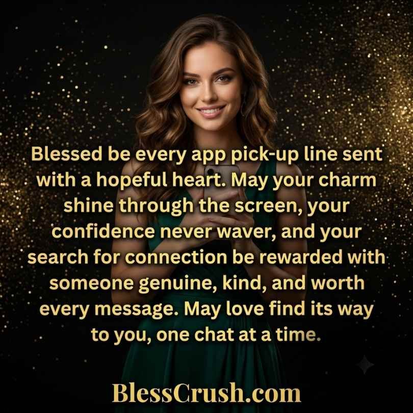 Woman in green dress holding phone on gold background — confident app pick up lines blessing