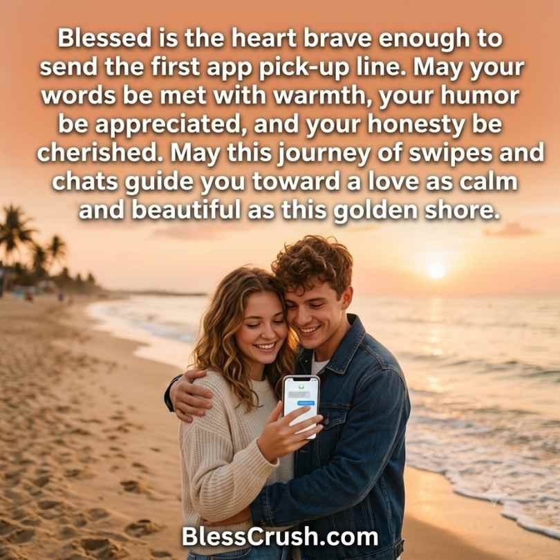 Couple hugging on golden beach shore — app pick up lines blessing for brave first messages