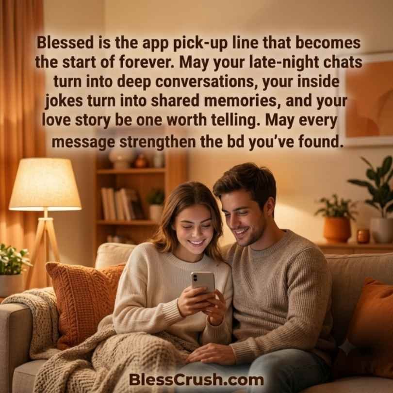Couple cuddled on couch reading phone — app pick up lines blessing for lasting bonds