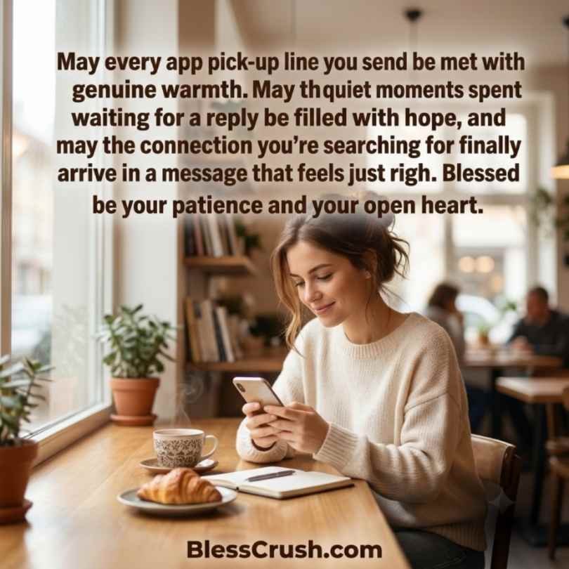 Woman texting at cafe table — app pick up lines blessing for patience and connection