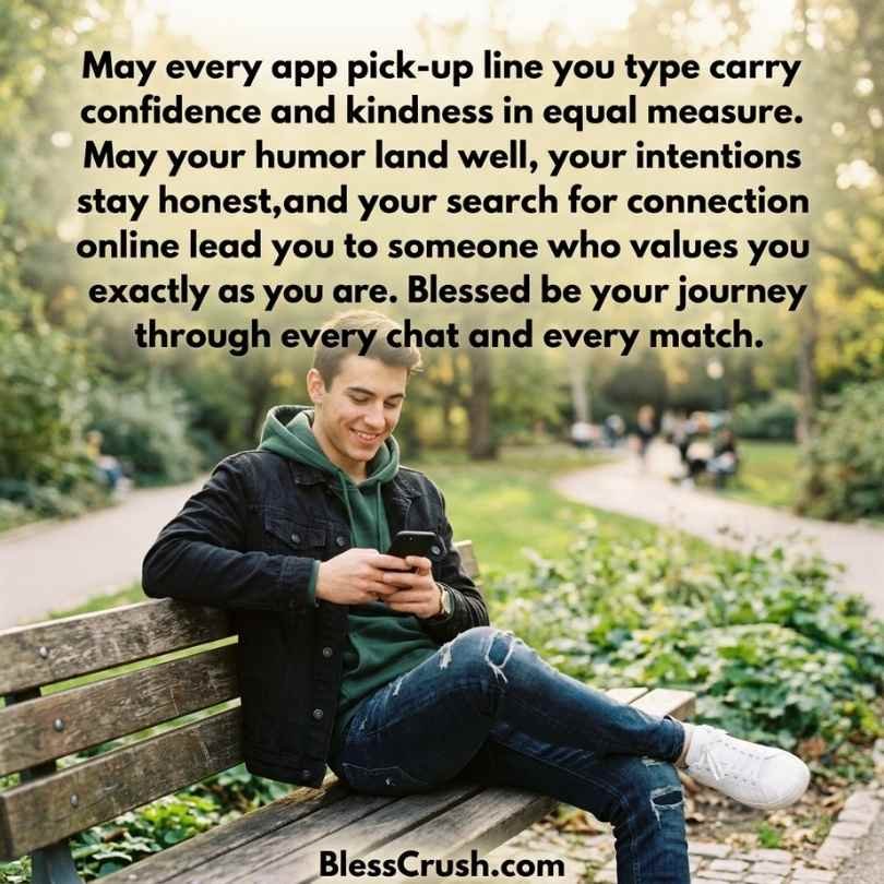Young man smiling at phone on park bench — confident app pick up lines blessing