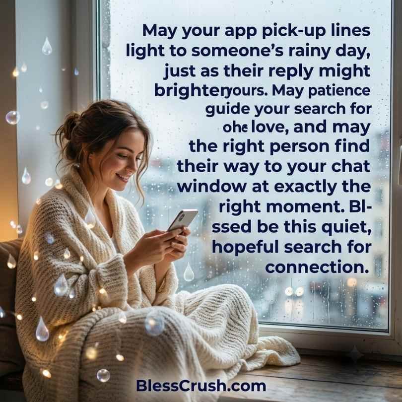 Woman texting by rainy window — hopeful app pick up lines blessing for finding love online