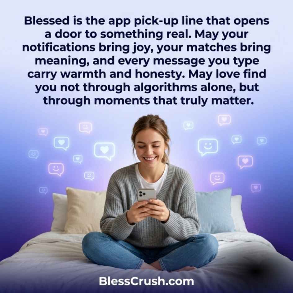 Woman sitting on bed with glowing chat icons — app pick up lines blessing for meaningful matches