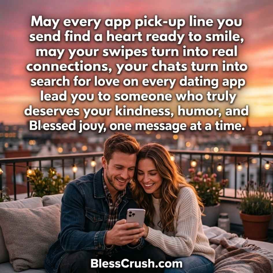 Couple smiling at phone on rooftop terrace at sunset — app pick up lines blessing for real connection