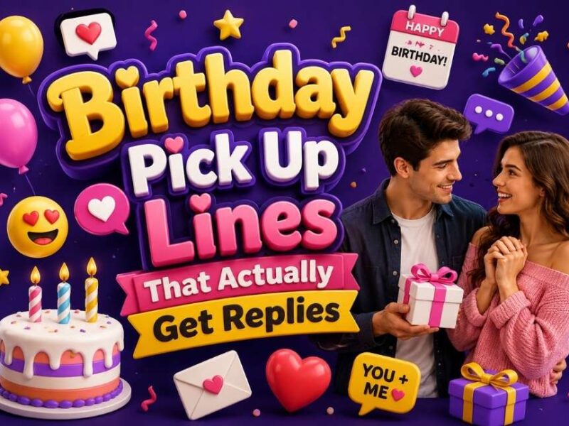 Birthday pick up lines featured image with a romantic couple, birthday cake, balloons, gift box, hearts, and colorful 3D party icons on a vibrant purple background.