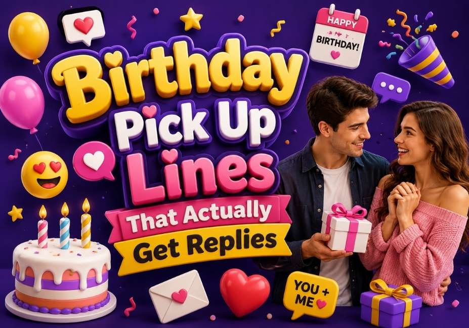 Birthday pick up lines featured image with a romantic couple, birthday cake, balloons, gift box, hearts, and colorful 3D party icons on a vibrant purple background.