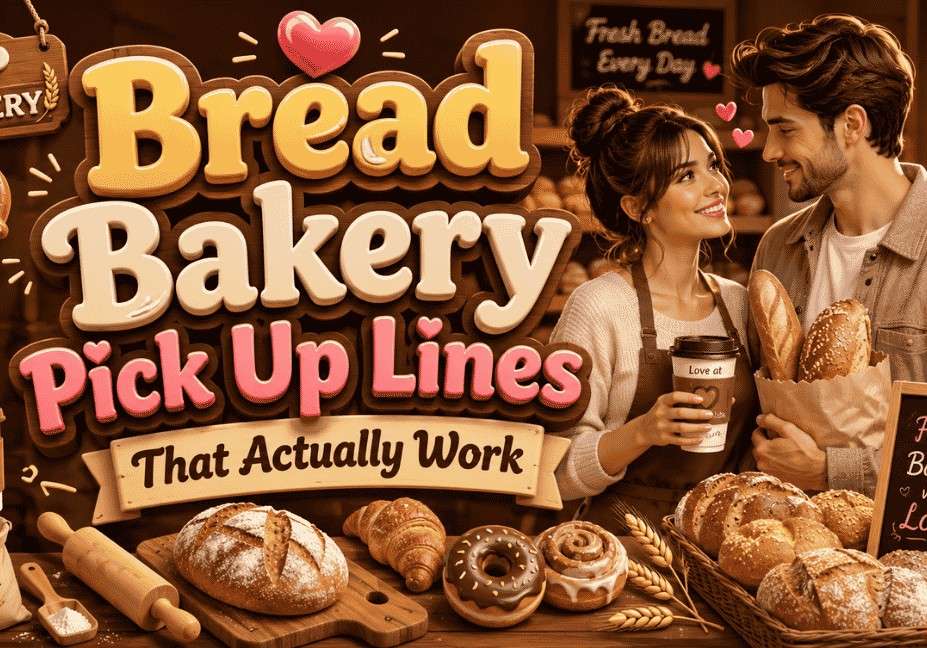 Bread bakery pick up line featured image with a romantic couple in a cozy bakery, fresh bread, pastries, coffee, and warm 3D bakery-themed design.