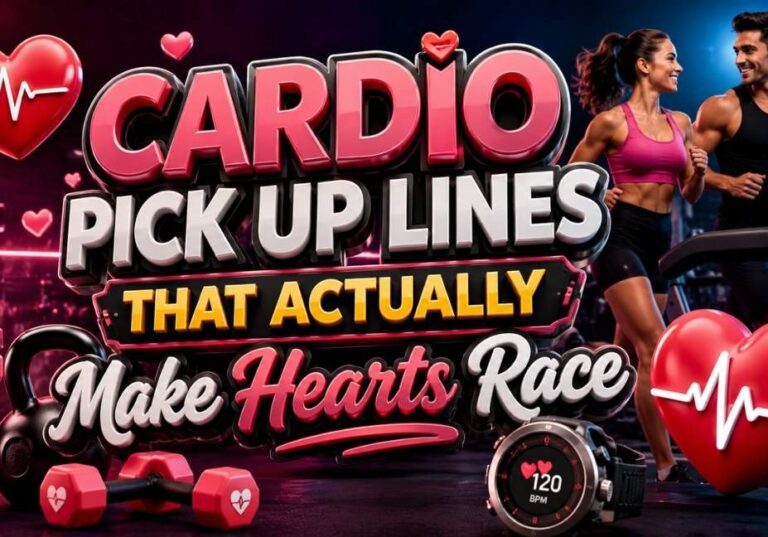 Cardio Pick Up Lines That Actually Make Hearts Race featuring 3D heart icons, fitness couple running, cardio workout equipment, heartbeat graphics, and bold 3D typography on a vibrant gym background.